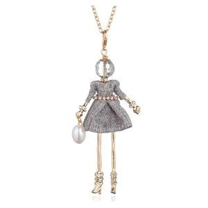 French Dancing Doll in Silver Cocktail Dress Statement Pendant Necklace  34x2